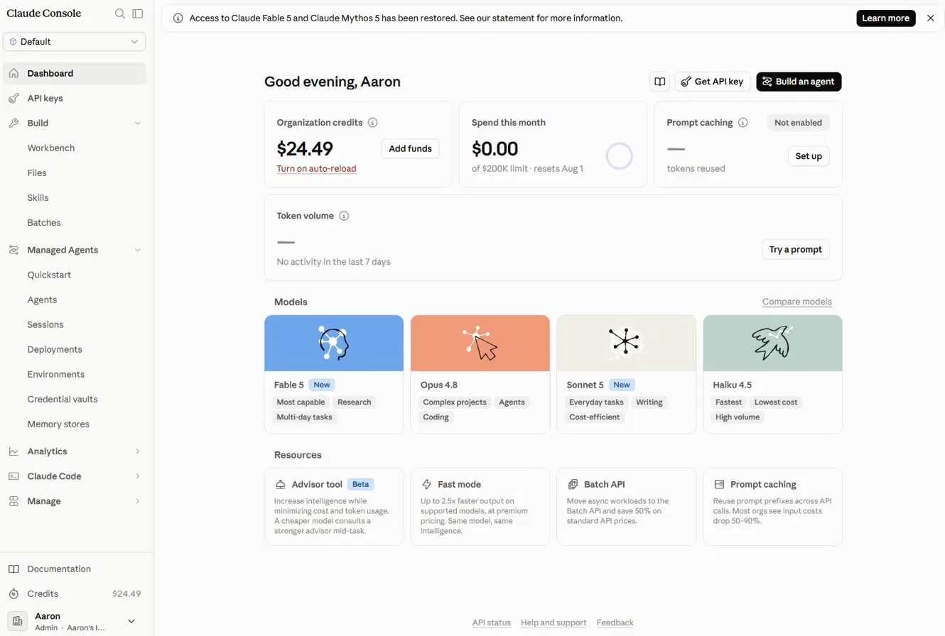 Claude Console dashboard showing CVP-approved organization status, credits, and available model tiles